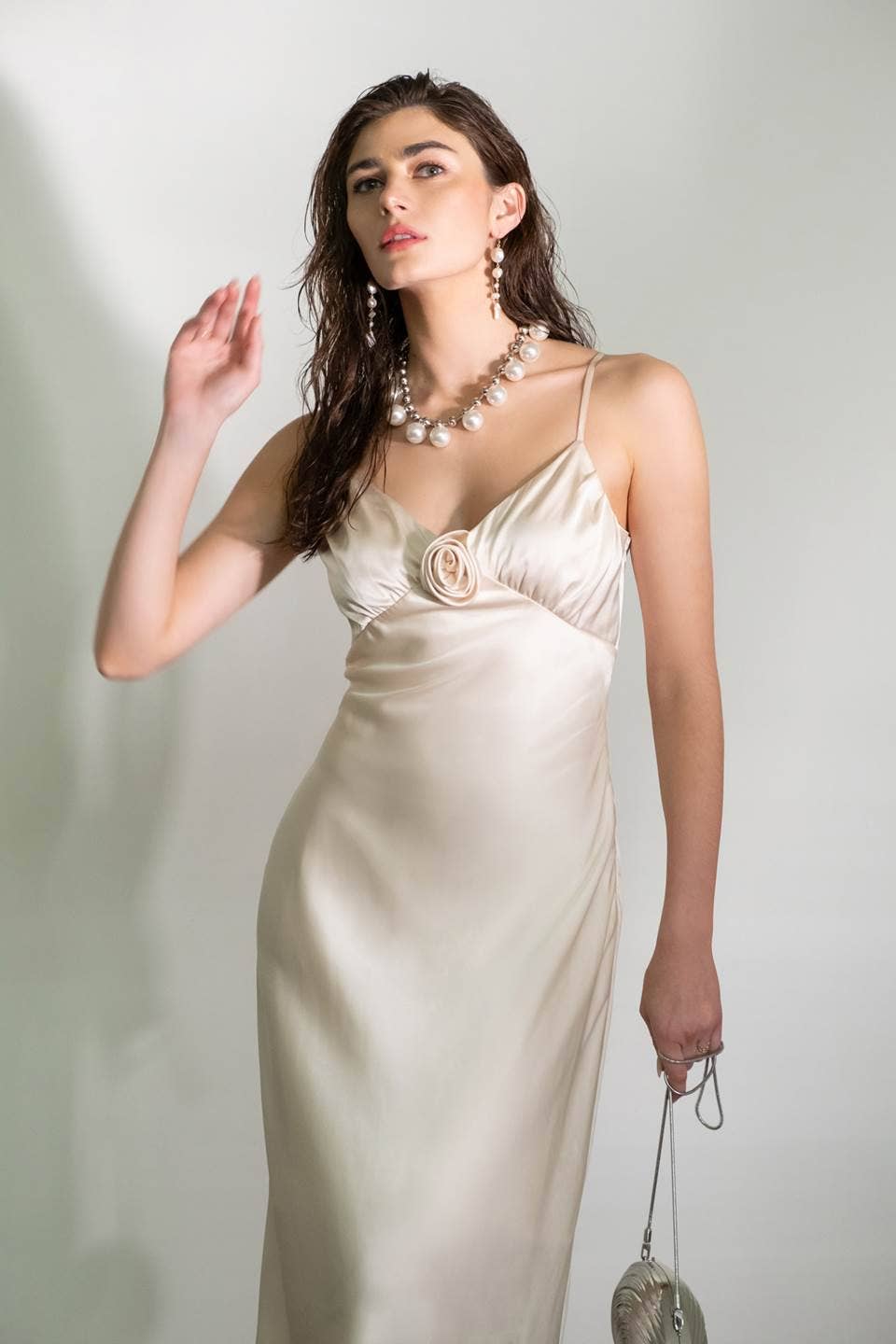Image of Satin Rosette Sleeveless Maxi Dress
