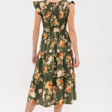 Moon River - SMOCKED TIERED FLORAL MIDI DRESS: BLACK MULTI