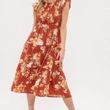 Moon River - SMOCKED TIERED FLORAL MIDI DRESS: BLACK MULTI