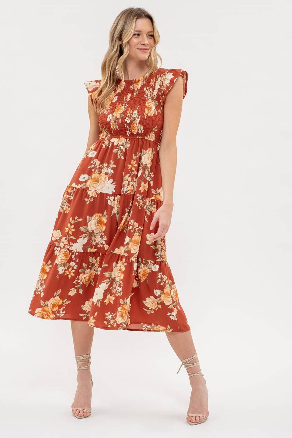 Image of Smocked Tiered Floral Midi Dress