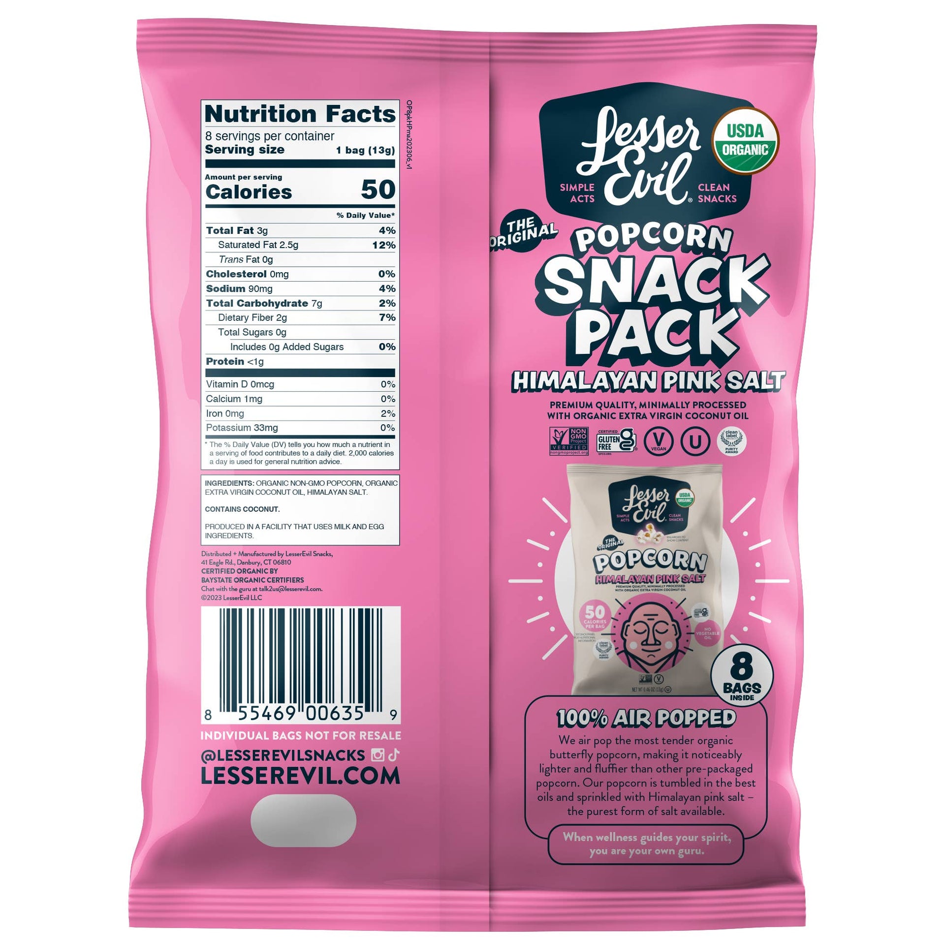 LesserEvil - Organic Popcorn, Snack Pack, Himalayan Pink, 8/.46oz