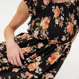 Moon River - SMOCKED TIERED FLORAL MIDI DRESS: BLACK MULTI