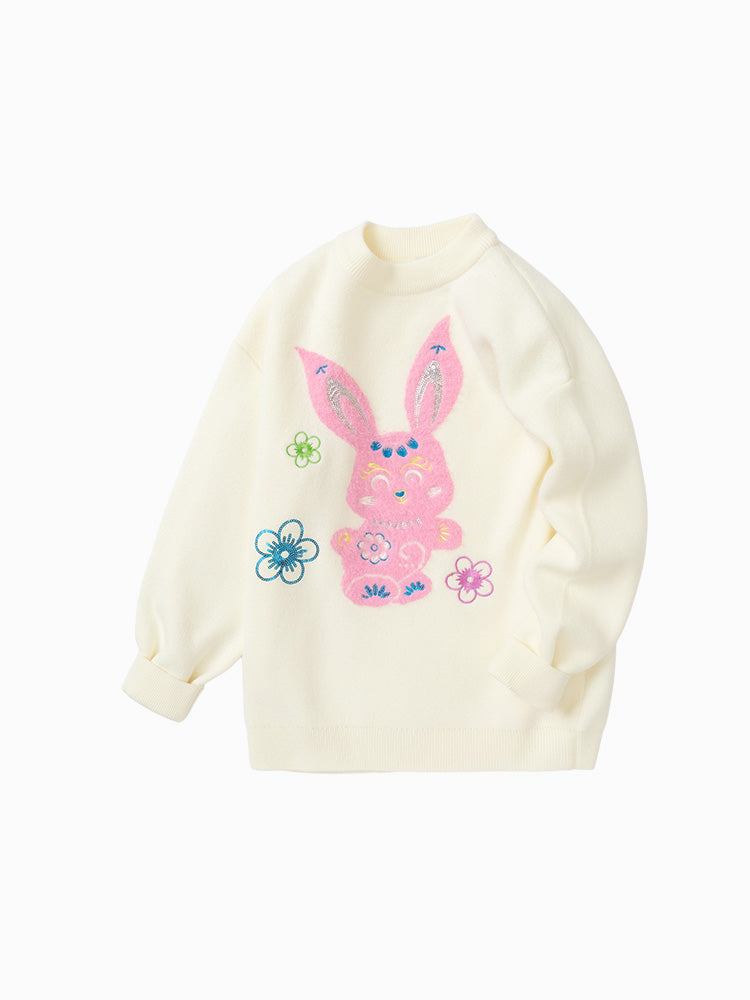 Balabala Kids Girl Bunny Graphic Lapel Sweater