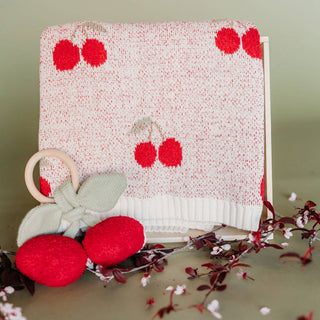Viverano Organics - Cherry Organic Baby Blanket + Ring Rattle Toy Gift Set