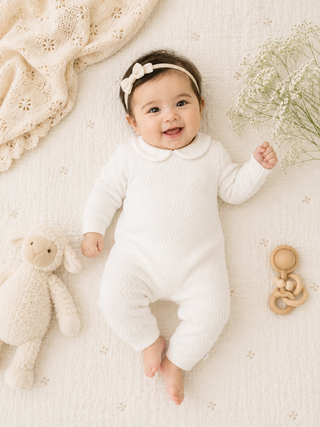 Viverano Organics - Dove White Knit Peter Pan Chevron Baby Jumpsuit (Organic)