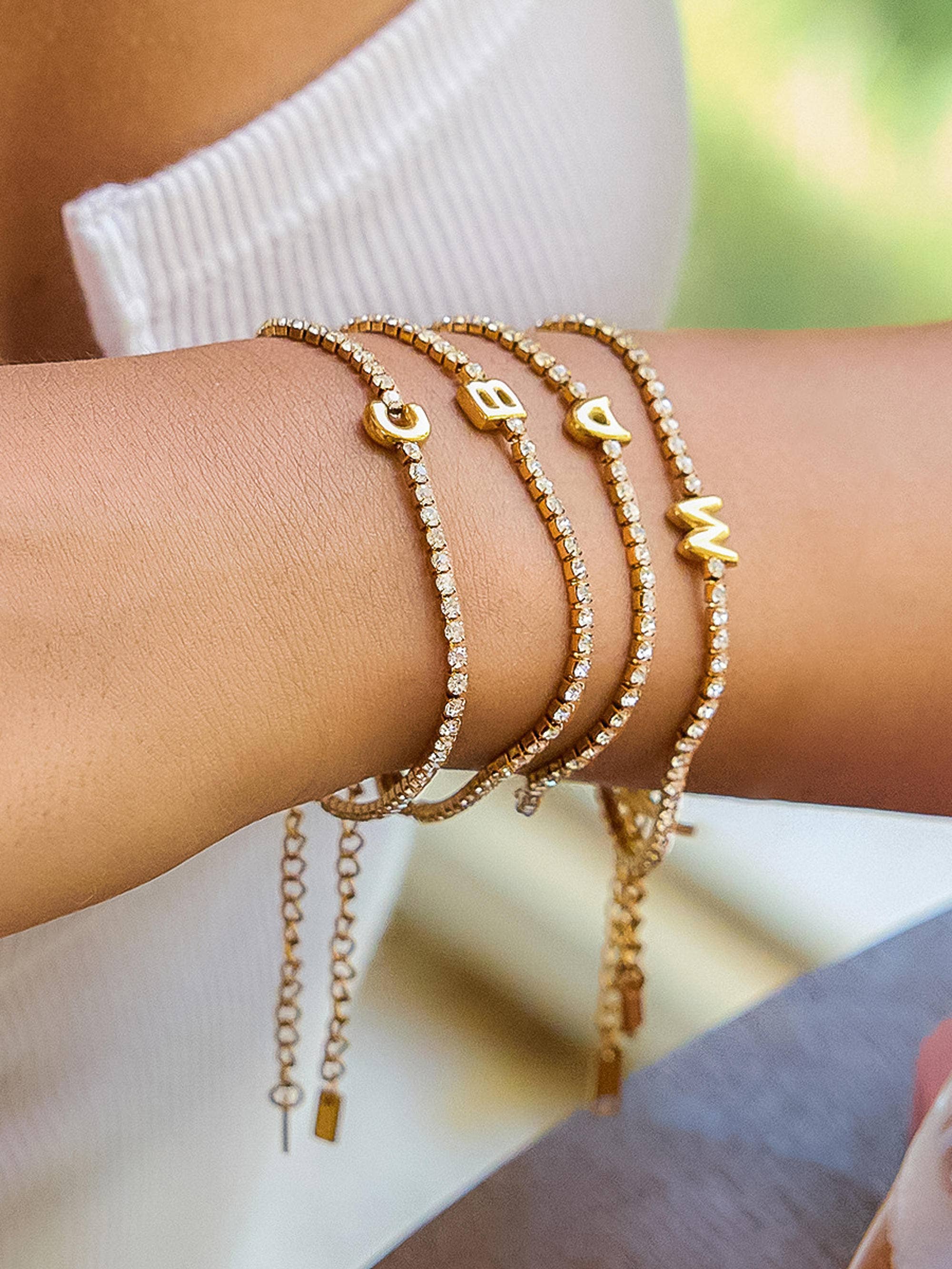 Chaplin 18K Gold Non-Tarnish Rhinestone Letter Bracelet