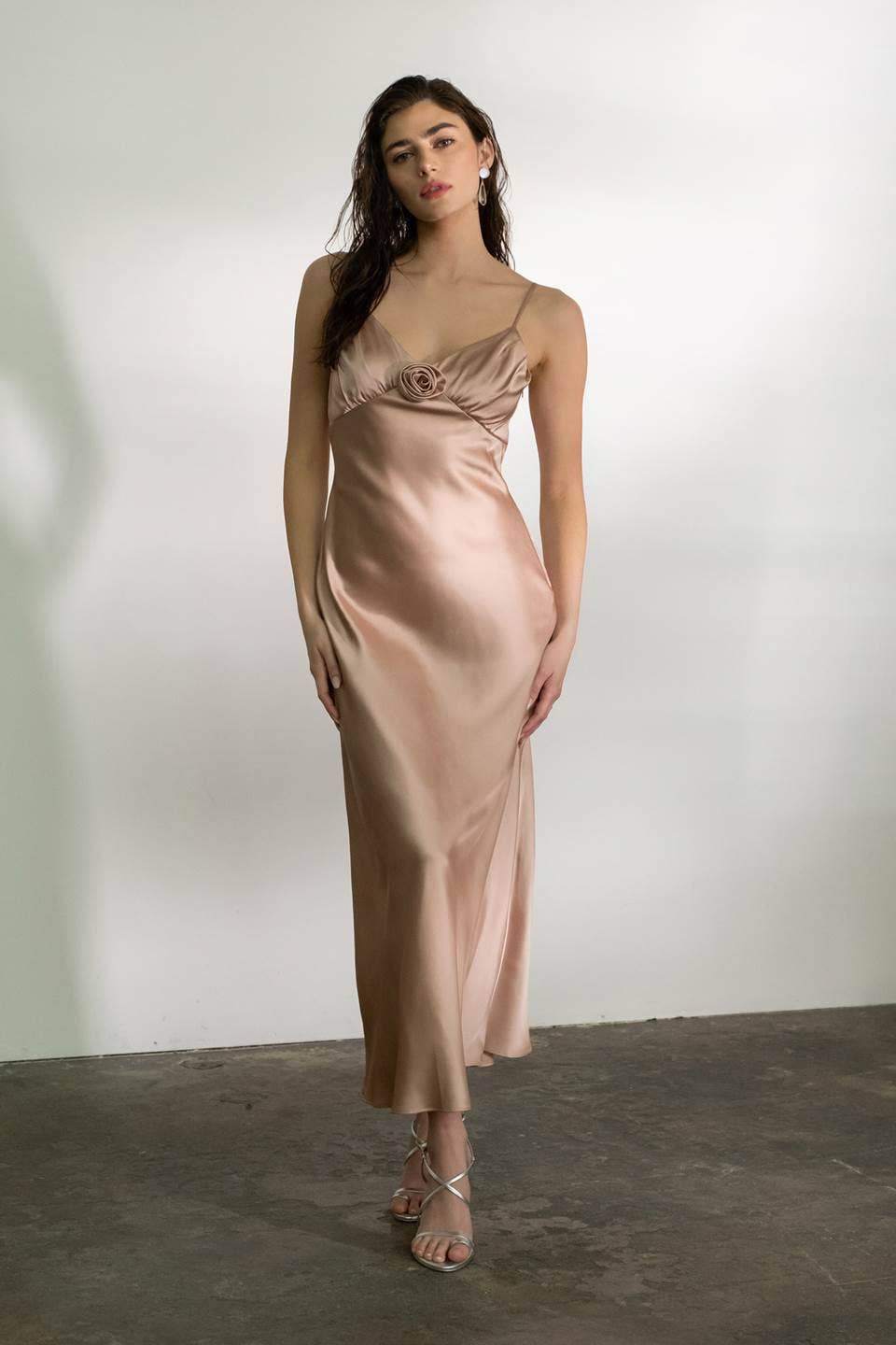 Image of Satin Rosette Sleeveless Maxi Dress