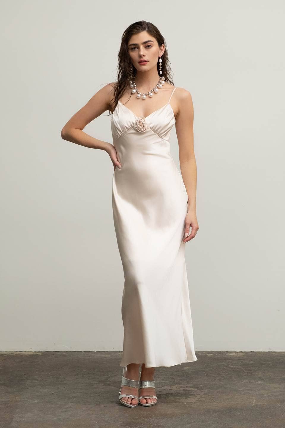 Image of Satin Rosette Sleeveless Maxi Dress
