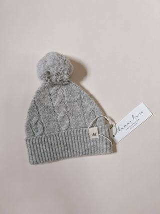 Cable Knit Pom Beanie - Heather Gray