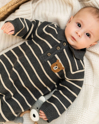 Viverano Organics - Bear Face Stripe & Collar Knit Baby Jumpsuit (Organic)