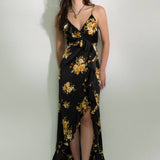 Moon River - FLORAL SLEEVELESS RUFFLE WRAP MAXI DRESS: BLACK MULTI