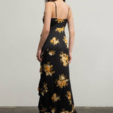 Moon River - FLORAL SLEEVELESS RUFFLE WRAP MAXI DRESS: BLACK MULTI