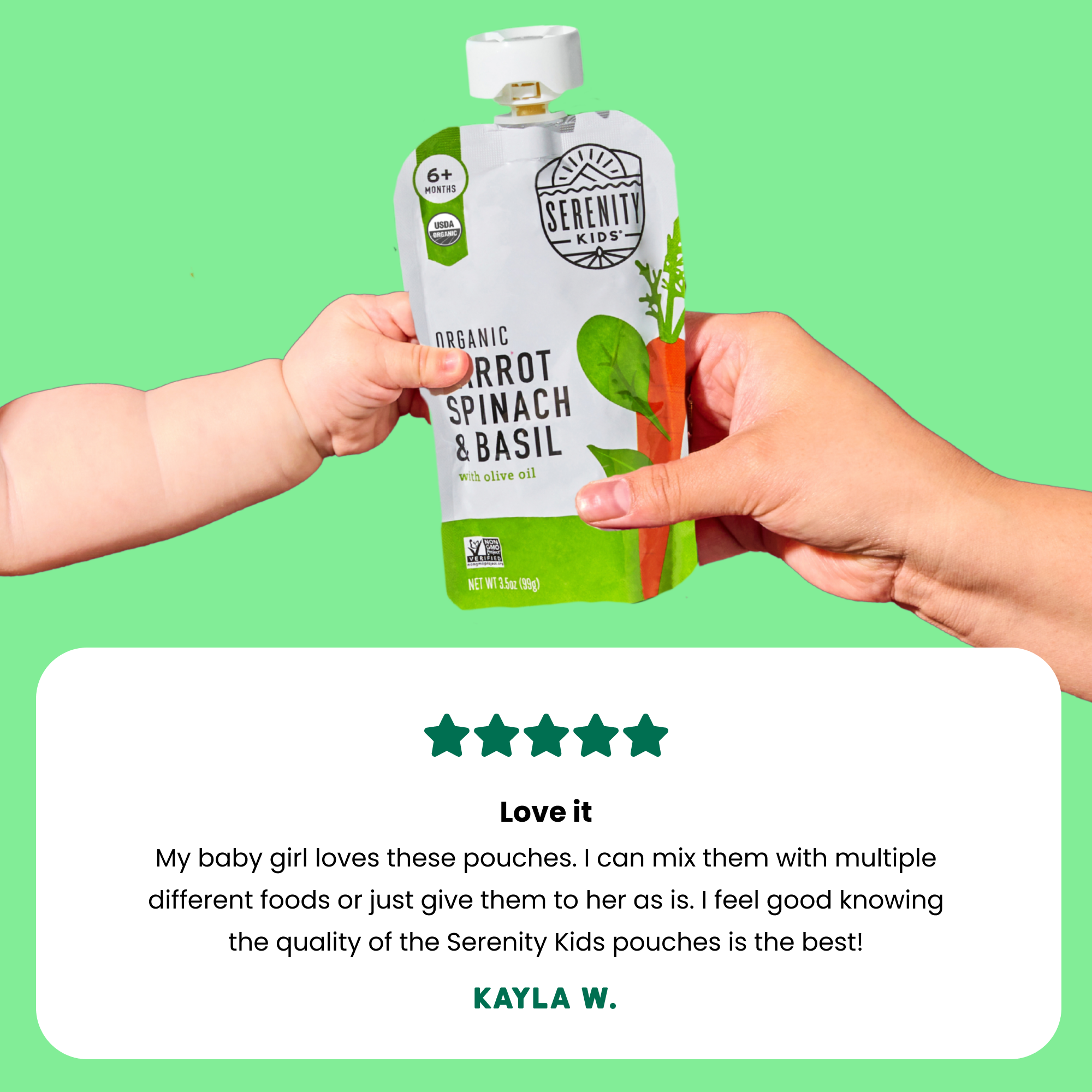 Serenity Kids Organic Carrot, Spinach & Basil with Organic Olive Oil Pouch