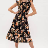 Moon River - SMOCKED TIERED FLORAL MIDI DRESS: BLACK MULTI