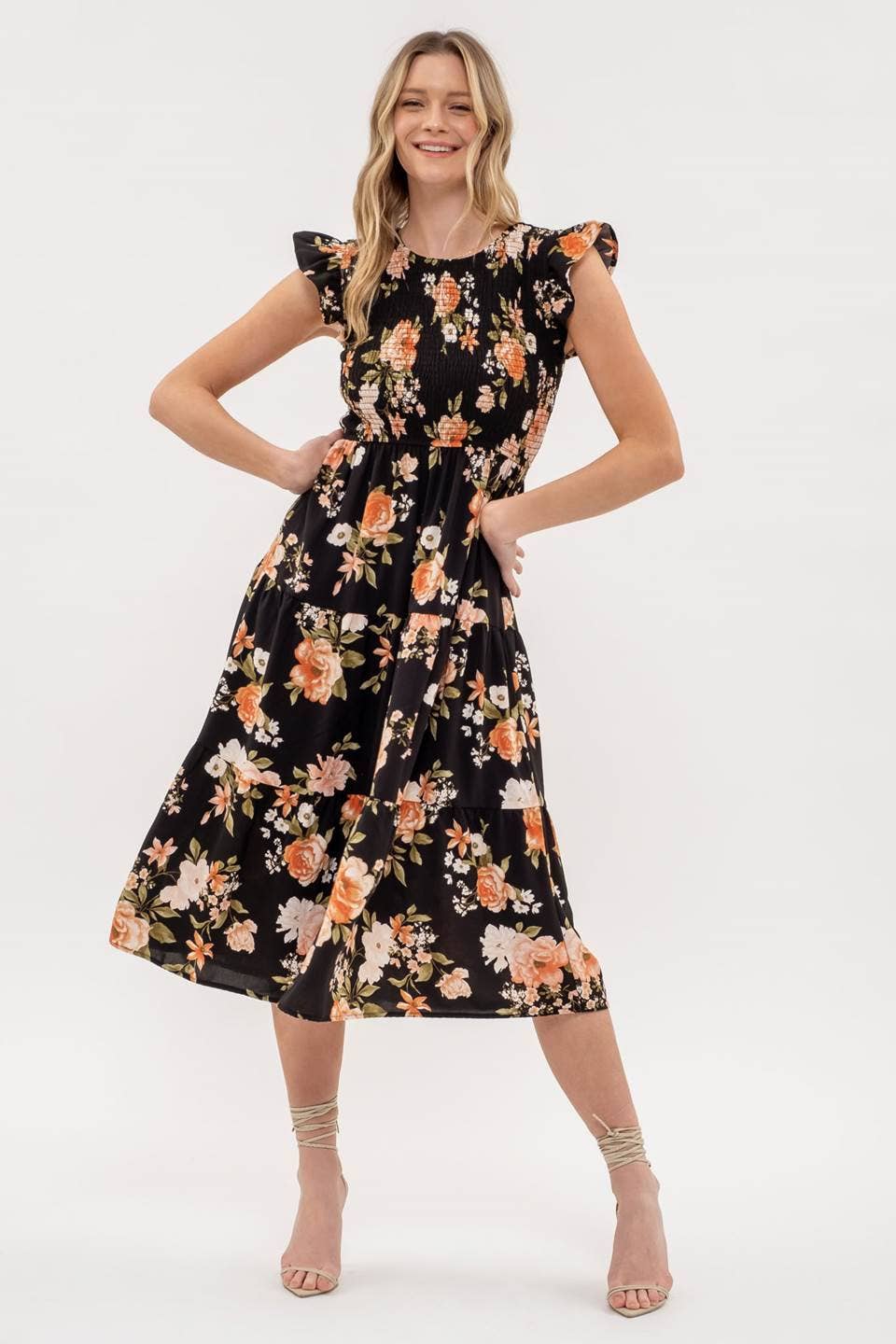 Image of Smocked Tiered Floral Midi Dress