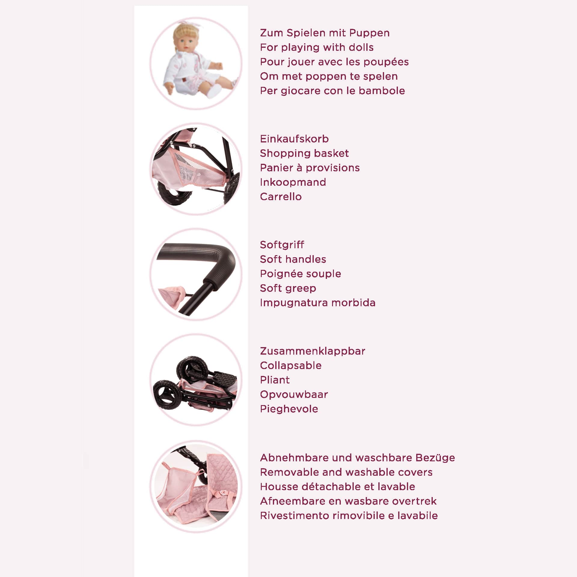 3-Wheel Compact Grey-Pink "Soft Mood" Doll Buggy