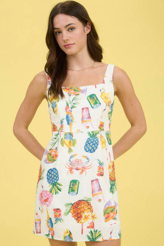 Moon River - TROPICAL SUMMER PRINT SLEEVELESS LINEN MINI DRESS