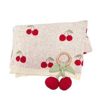 Viverano Organics - Cherry Organic Baby Blanket + Ring Rattle Toy Gift Set