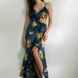 Moon River - FLORAL SLEEVELESS RUFFLE WRAP MAXI DRESS: BLACK MULTI