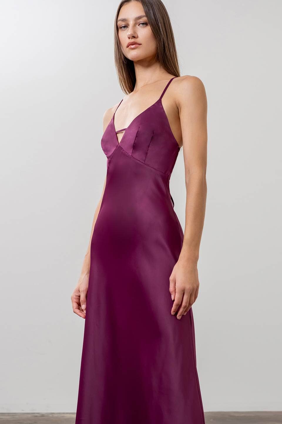 Image of Satin Deep V Tie Back Midi Dress