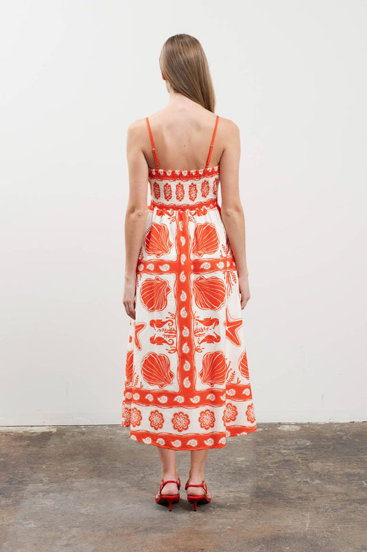 Moon River - SEA PRINT SCALLOP DETAIL MIDI DRESS