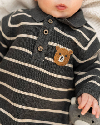 Viverano Organics - Bear Face Stripe & Collar Knit Baby Jumpsuit (Organic)