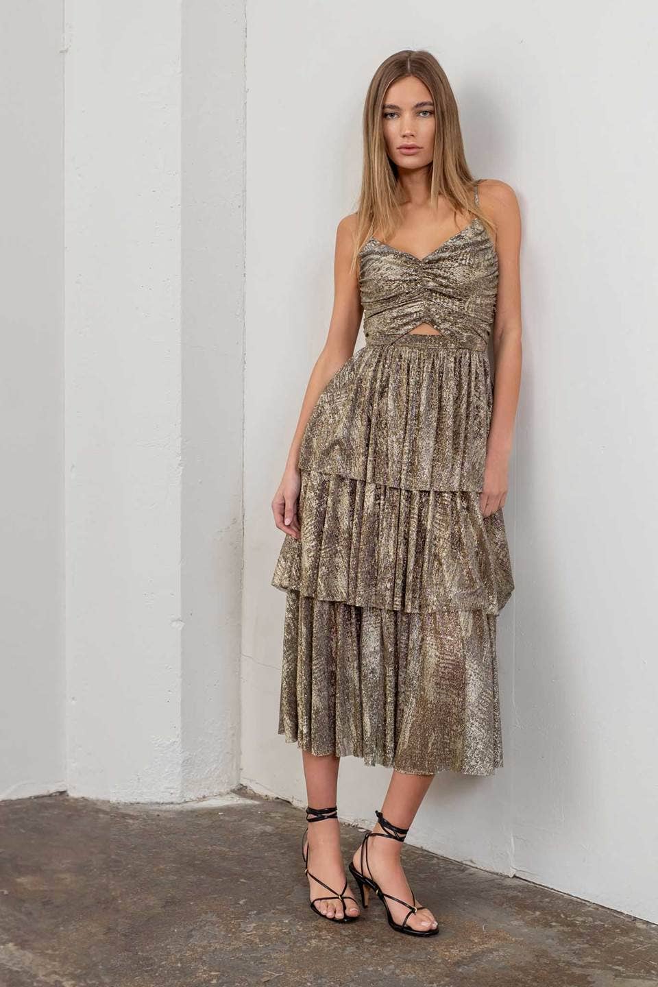 Image of Metallic Cut-Out Tiered Maxi Dress