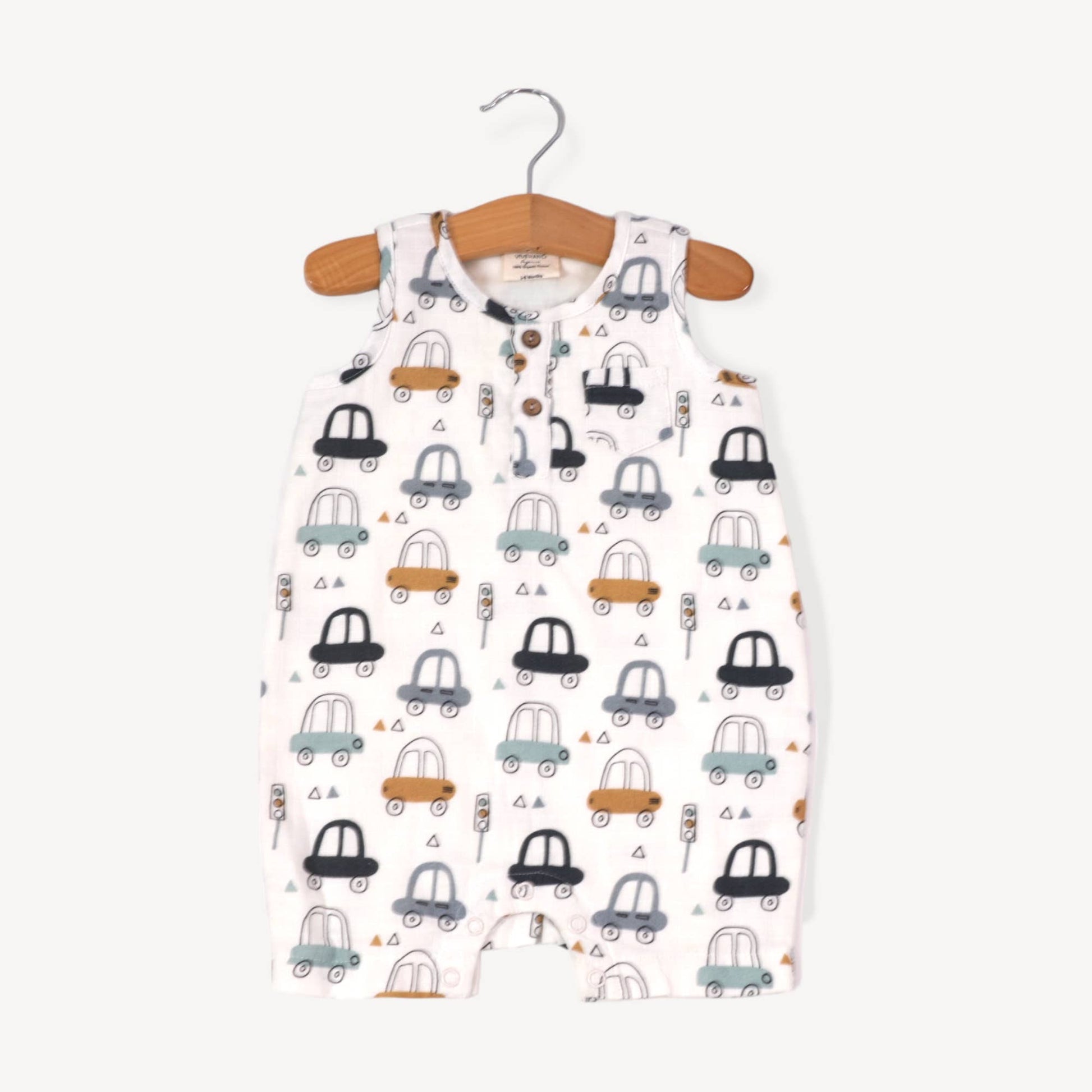 Viverano Organics - Cars Henley Sleeveless Baby Romper (Organic Muslin)