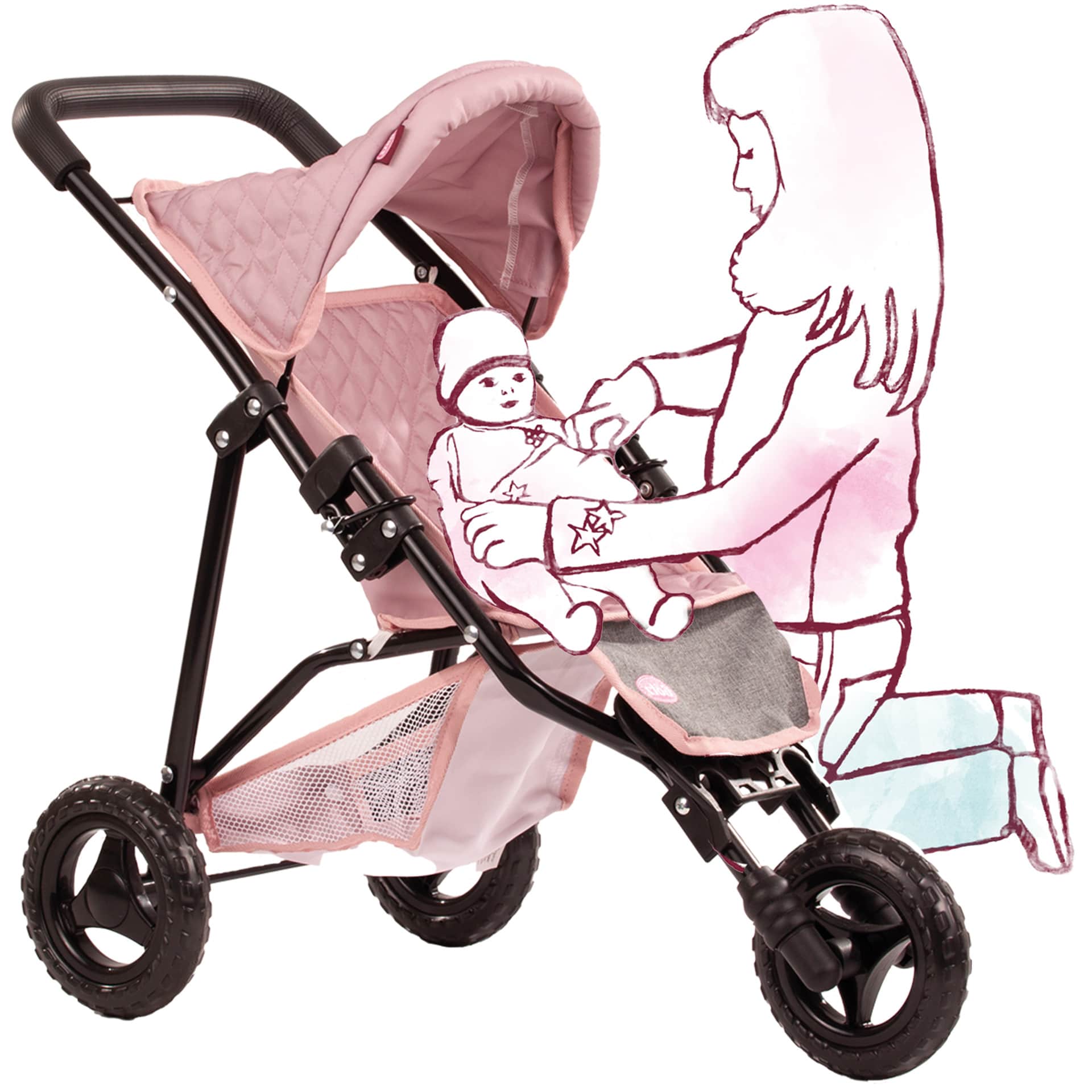 3-Wheel Compact Grey-Pink "Soft Mood" Doll Buggy