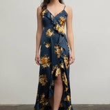 Moon River - FLORAL SLEEVELESS RUFFLE WRAP MAXI DRESS: BLACK MULTI