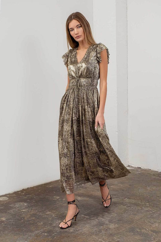 Metallic V Neck Front Tie Midi Dress