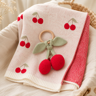 Viverano Organics - Cherry Organic Baby Blanket + Ring Rattle Toy Gift Set