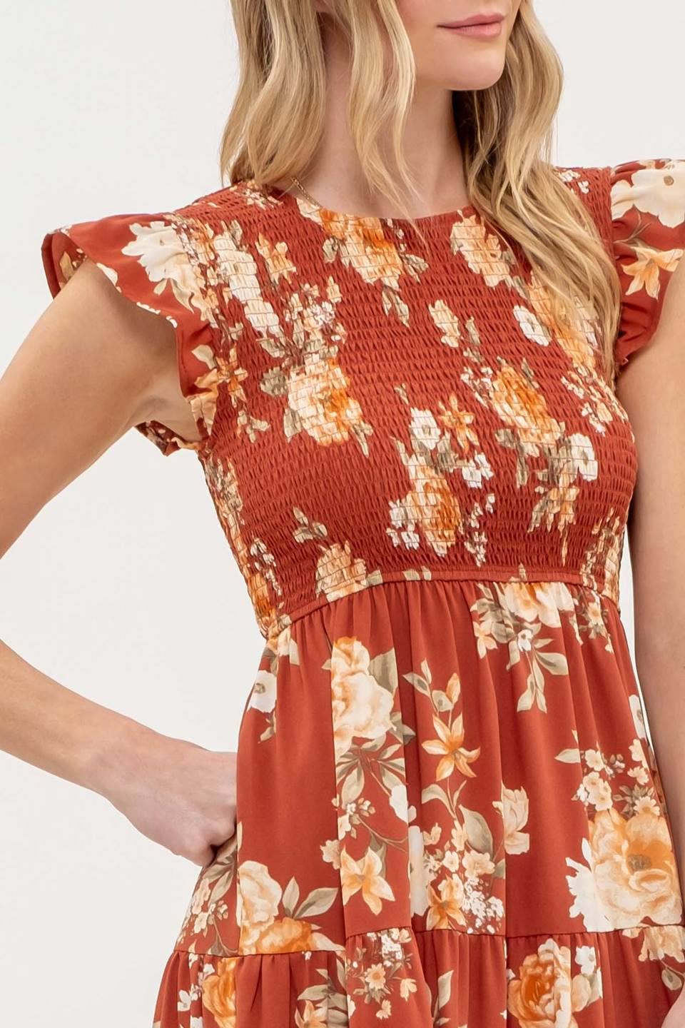 Image of Smocked Tiered Floral Midi Dress