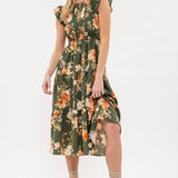 Moon River - SMOCKED TIERED FLORAL MIDI DRESS: BLACK MULTI