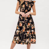 Moon River - SMOCKED TIERED FLORAL MIDI DRESS: BLACK MULTI