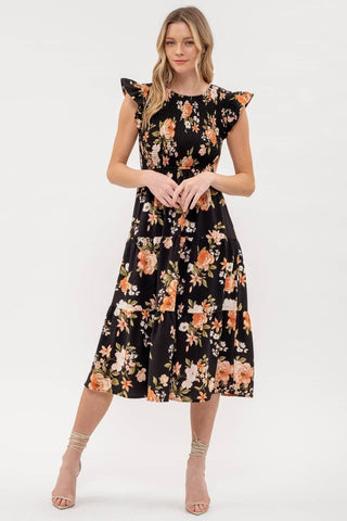 Smocked Tiered Floral Midi Dress