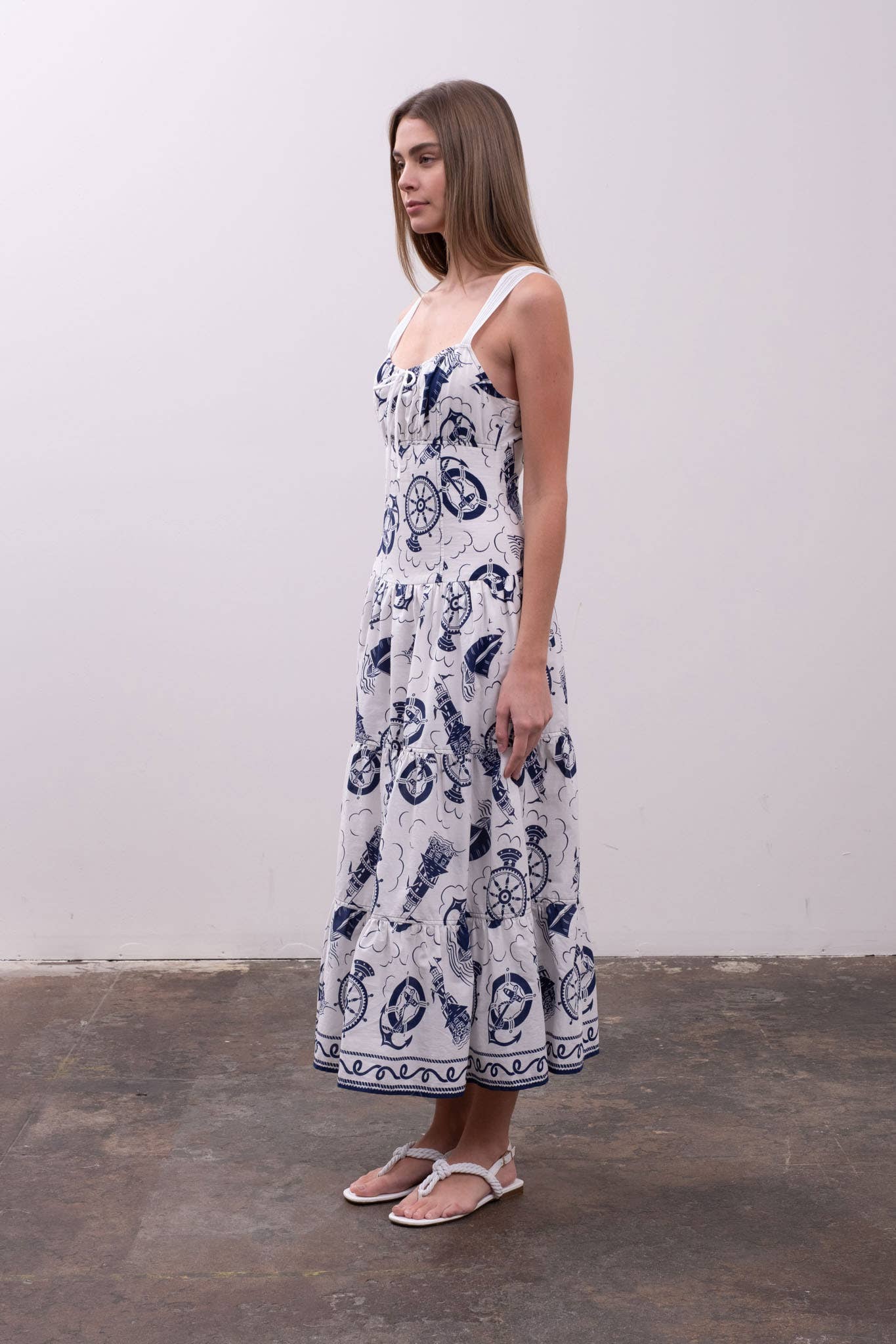 Image of Moon River - SAILOR PRINT SLEEVELESS TIERED MIDI DRESS