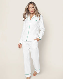 Image of Women's White Twill Pajama Set with Green Piping