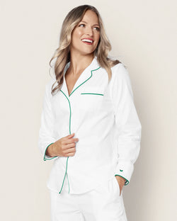 Image of Women's White Twill Pajama Set with Green Piping