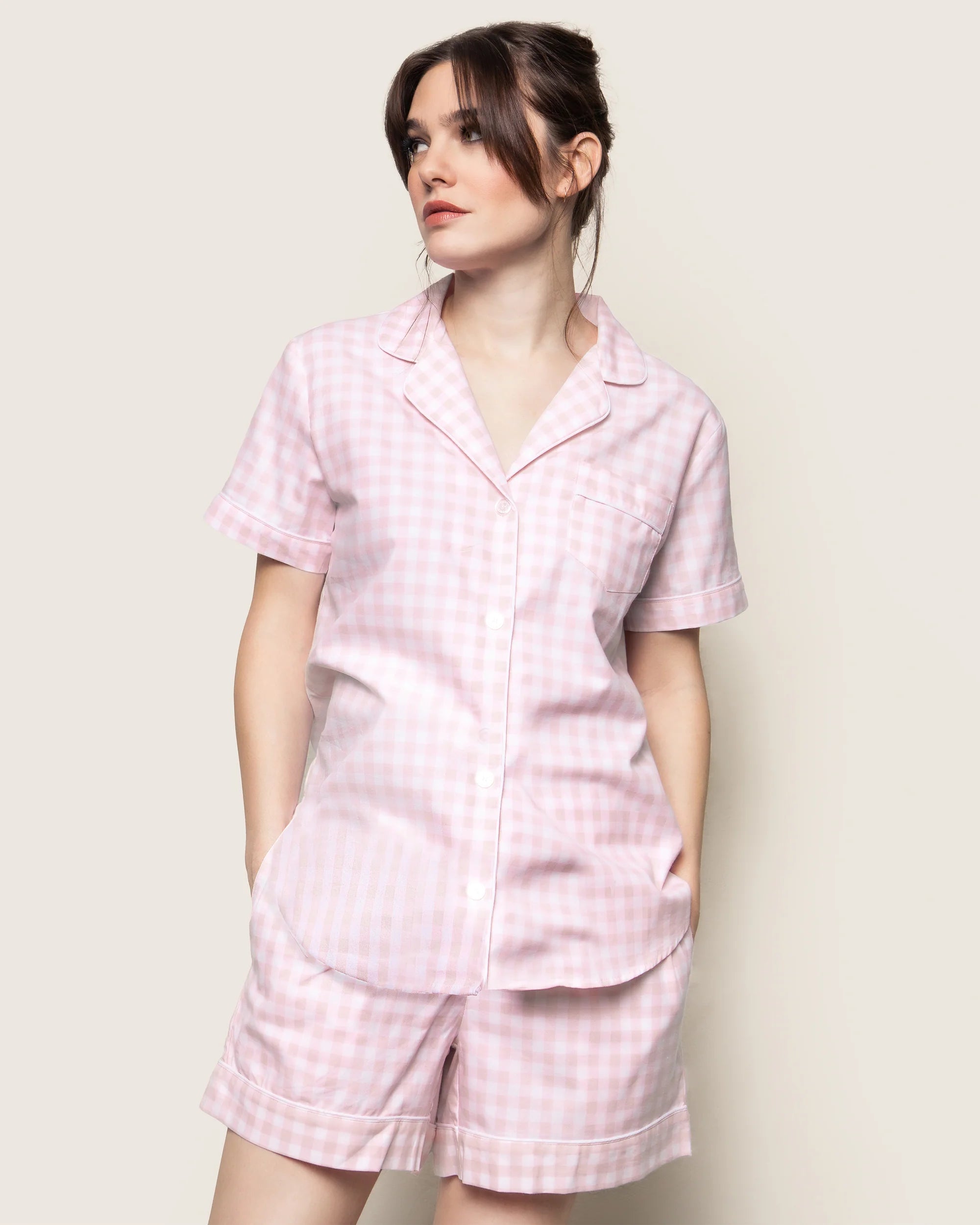 Women's Twill Pajama Short Set in Pink Gingham