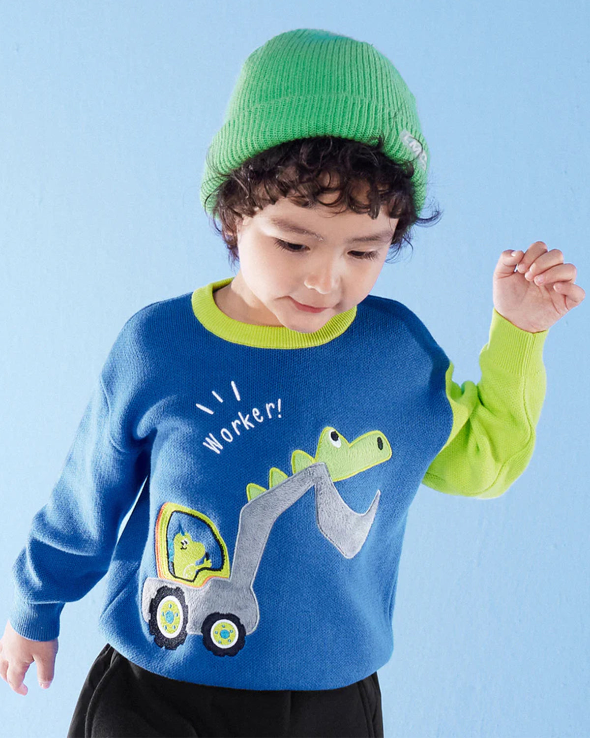 Balabala Toddler Boy Dinosaur Excavator Crew Neck Long Sleeve Sweater