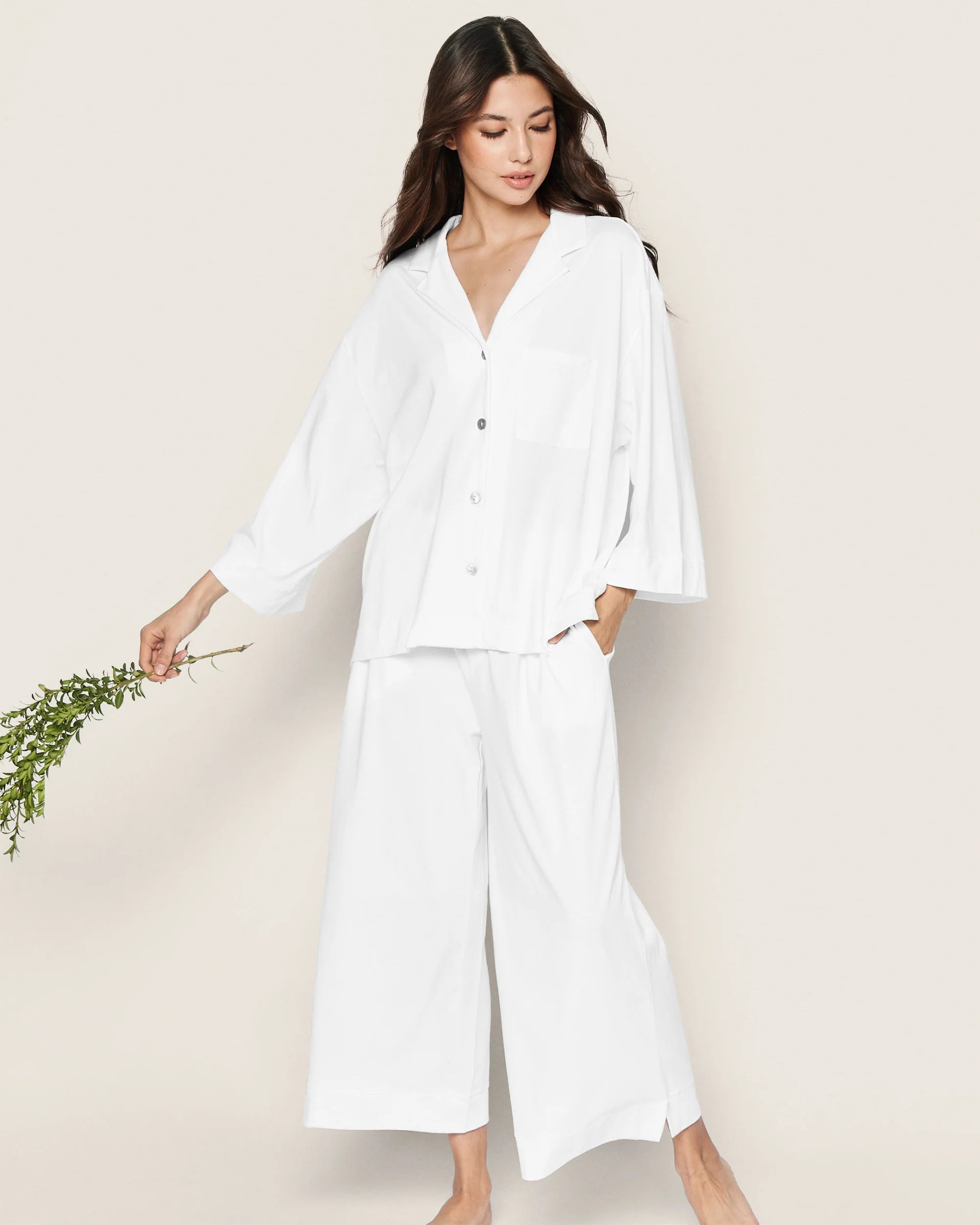 Image of The Olivia Wide Leg Pima Pajama Set in White