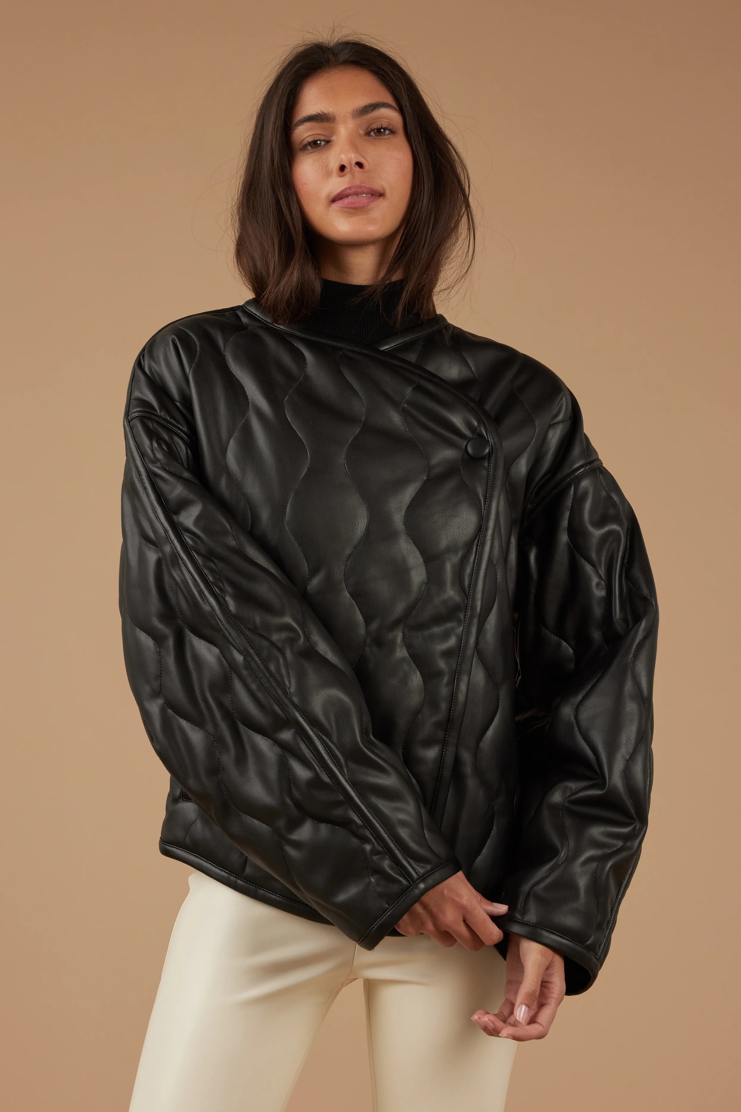 Quilted Vegan Leather Jacket in Black