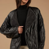 Quilted Vegan Leather Jacket in Black