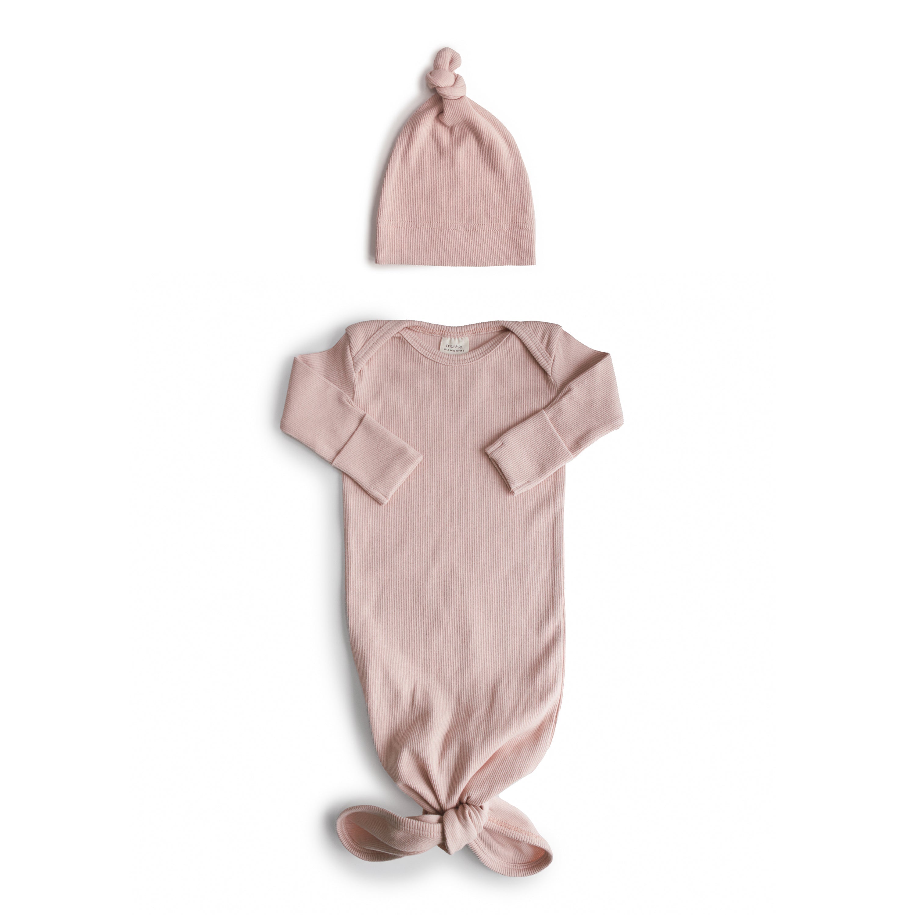 Image of Ribbed Knotted Baby Gown + Beanie Set