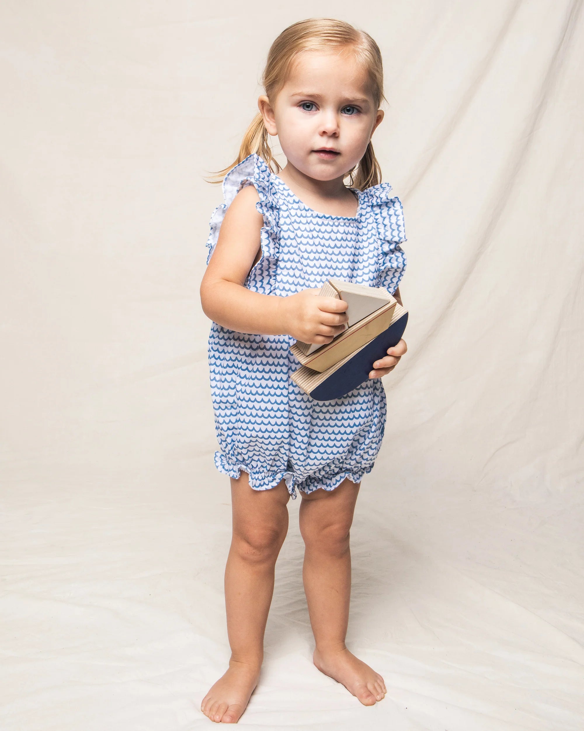 Image of Baby's Twill Ruffled Romper in La Mer