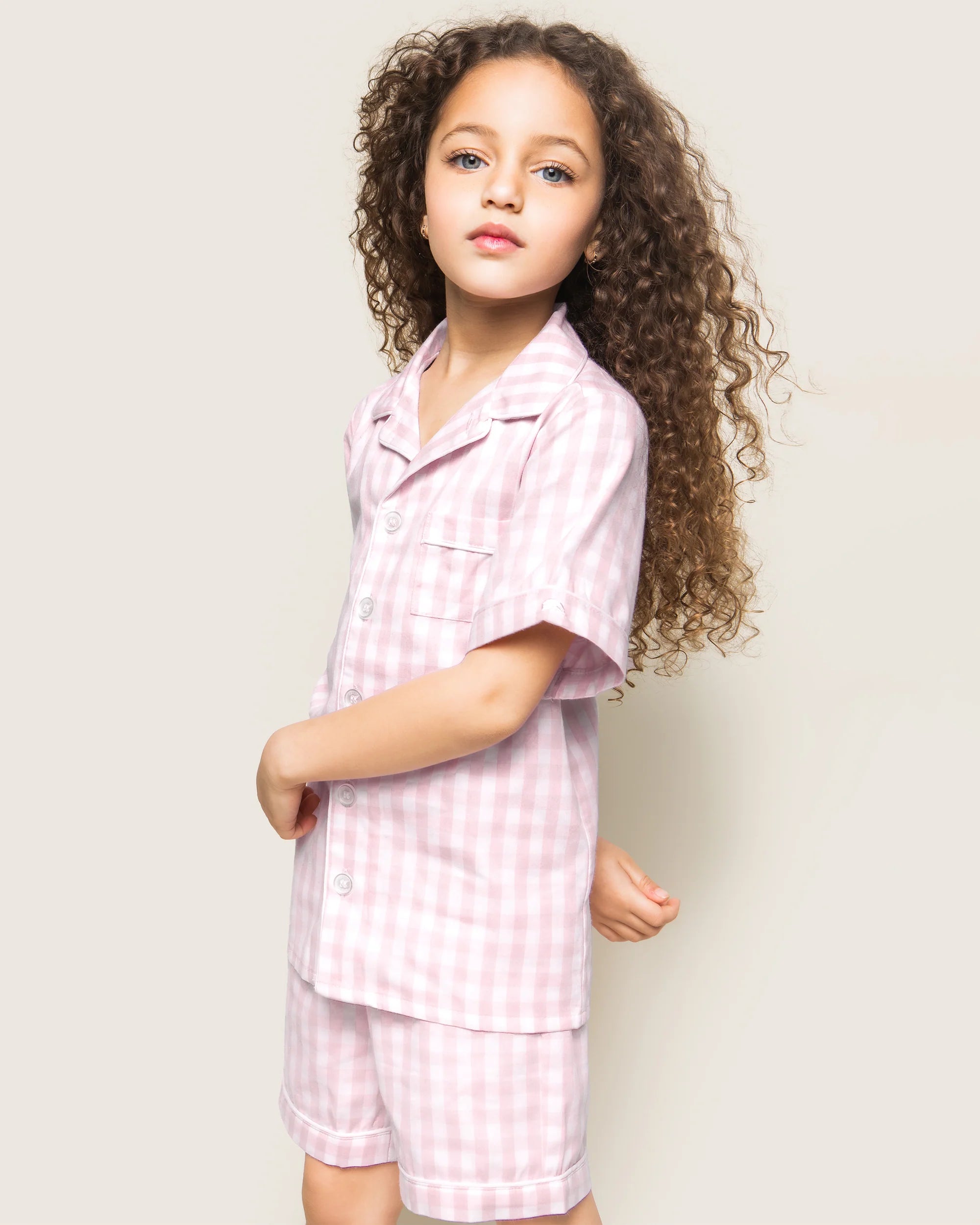 Image of Kid's Twill Pajama Short Set in Pink Gingham