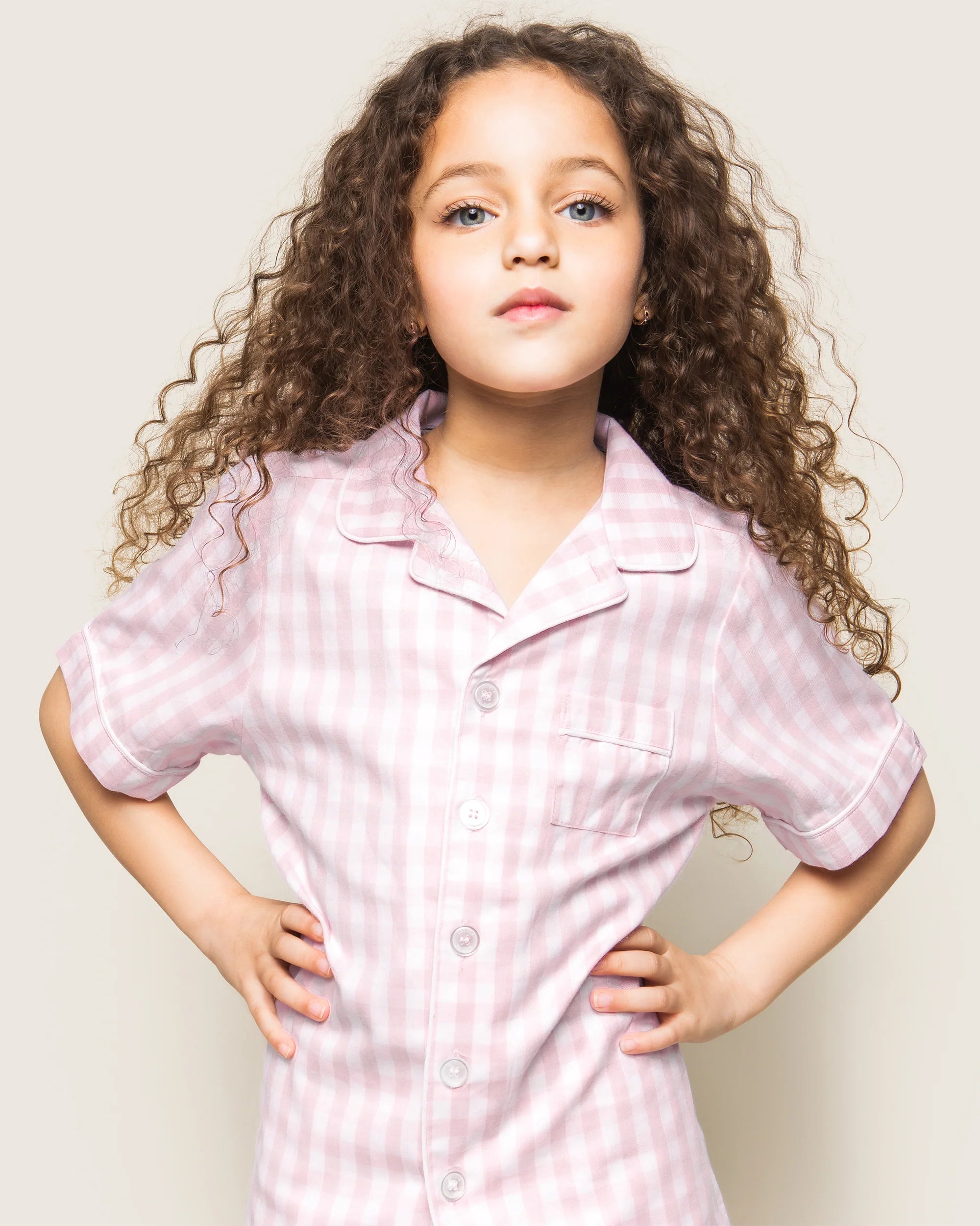 Image of Kid's Twill Pajama Short Set in Pink Gingham