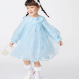 Balabala Young Girl Sweet Flower Print Peter Pan Collar Flounce Long Sleeve Mesh Overlay Kids Dress Blue