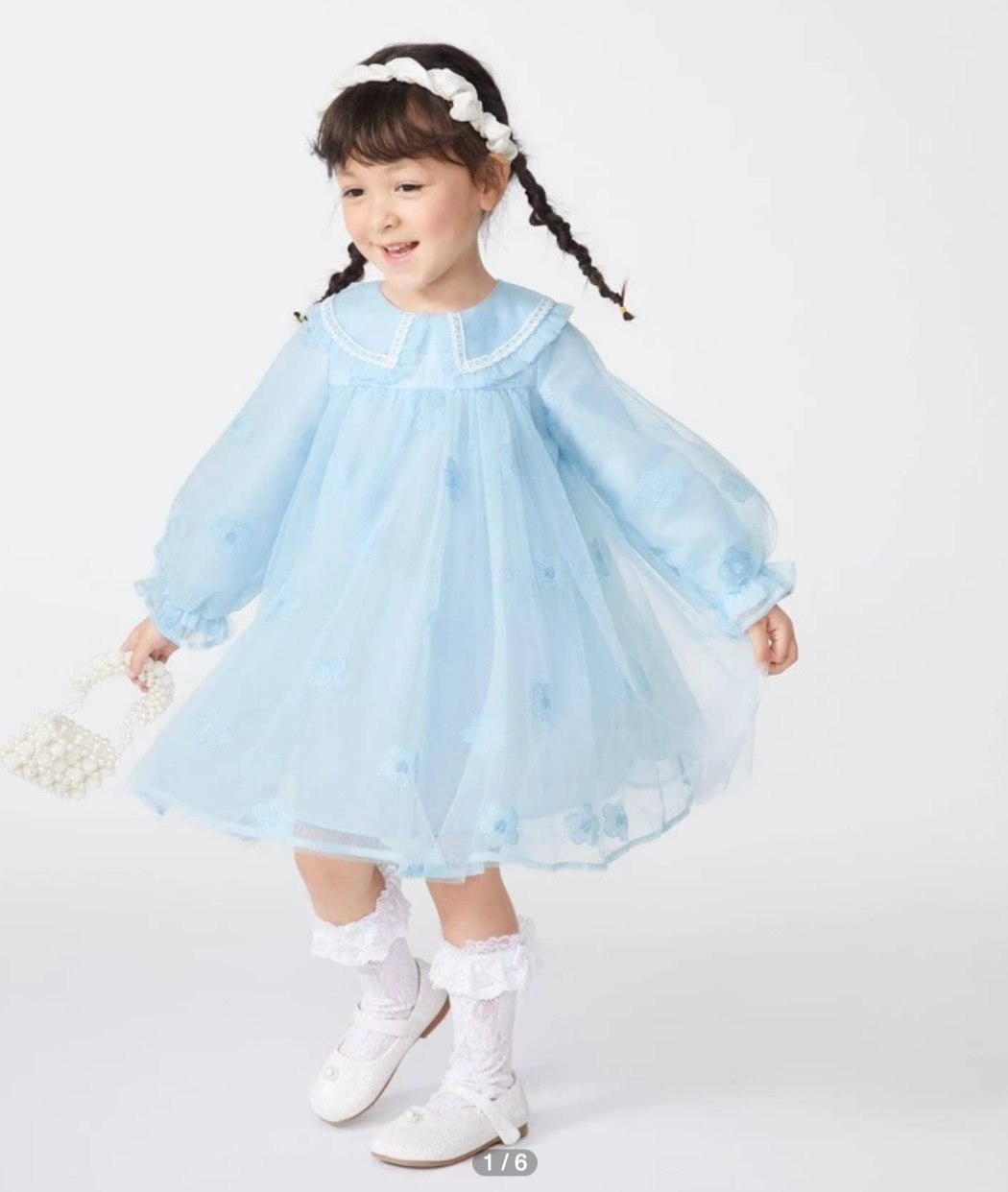 Balabala Young Girl Sweet Flower Print Peter Pan Collar Flounce Long Sleeve Mesh Overlay Kids Dress Blue